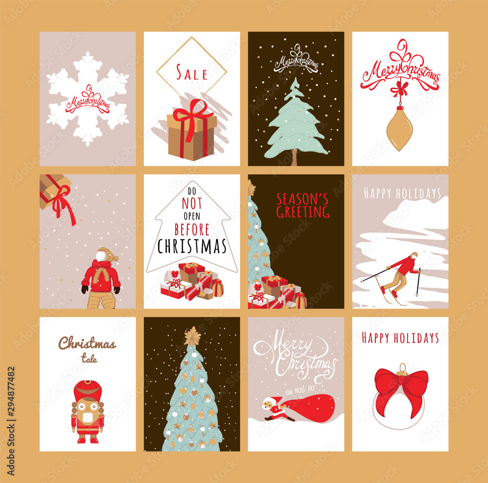 Merry Christmas greeting card set with cute xmas tree, snowflake