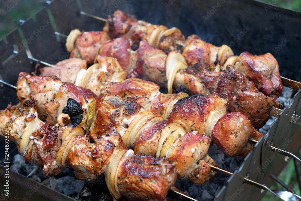 Meat on skewers roasted on the grill. Grilled pork on a picnic. Delicious juicy kebab pork on the grill.