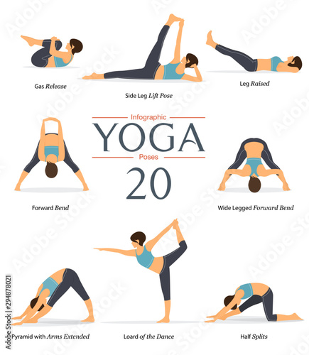 Set of 8 yoga poses in flat design. Woman figures exercise in blue sportswear and black yoga pants for yoga infographics. Vector Illustration.