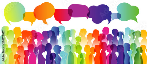 Speech bubble. Dialogue large group of diverse people. Communication between people. Crowd talking. Silhouette profiles. Rainbow colours. Interview