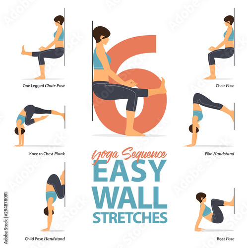 Infographic of 6 Yoga poses for stretch in flat design. Beauty woman is doing exercise for body stretching. Set of easy wall yoga sequence Infographic.  Vector Illustration.