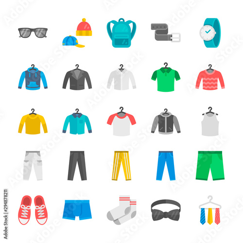 Men’s clothing and accessories. Flat icons set