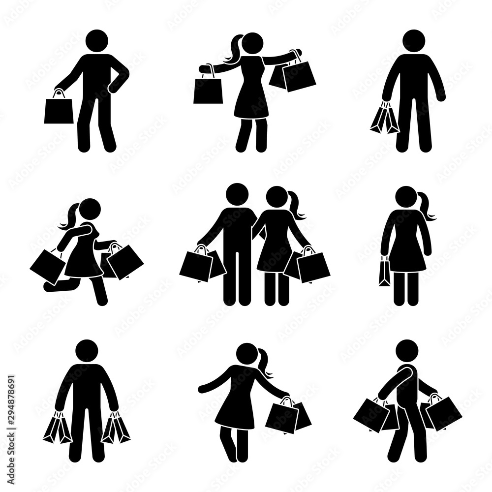 Stick figure man and woman holding shopping bags vector icon pictogram.  Seasonal sale, black friday happy buyers with purchase on white background  Stock Vector | Adobe Stock