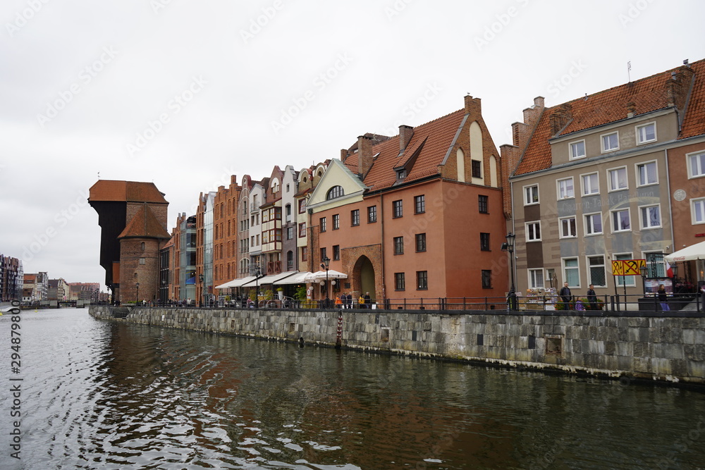 Gdansk, Poland - September 2019: view of the central promenade. Urban architecture on the waterfront.