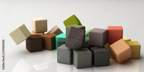 Set of colorful realistic geometric shape with fabric texture on white background. 3d rendering