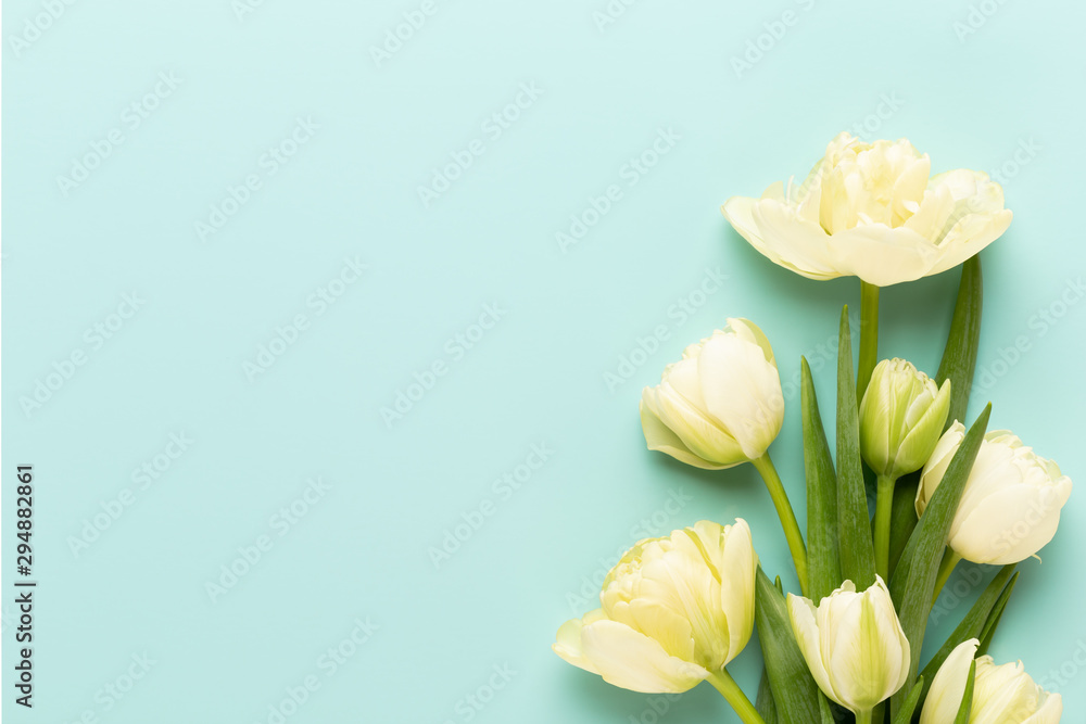 Fototapeta Wiosenne kwiaty, tulipany na pastelowe kolory tła. Retro styl vintage.