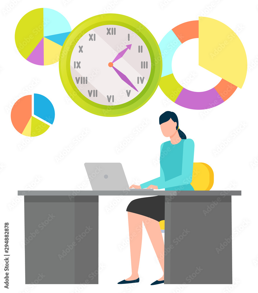 Woman working with laptop, worldwide connection, diagram and clock icons. Element of international business, employee and chart, deadline sign. Vector illustration in flat cartoon style Woman working with laptop, worldwide connection, diagram and clock icons. Element of international business, employee and chart, deadline sign. Vector illustration in flat cartoon style