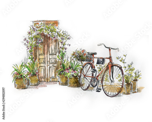 Fototapeta Naklejka Na Ścianę i Meble -  Watercolor sketch of old street fragment. Traditional watercolor,