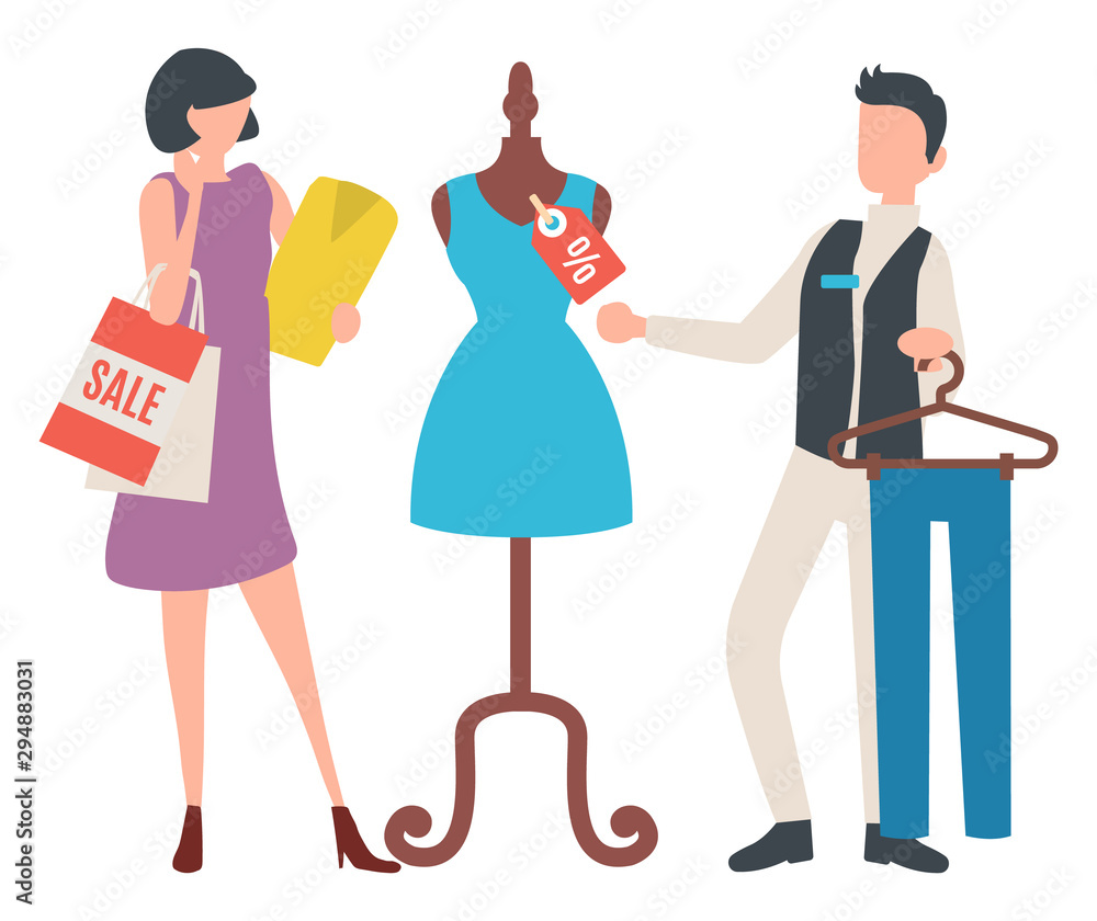Woman shopper holding package and blouse, dress with discount label on mannequin. Seller holding rack with trousers, shopper choosing clothes. Vector illustration in flat cartoon style
