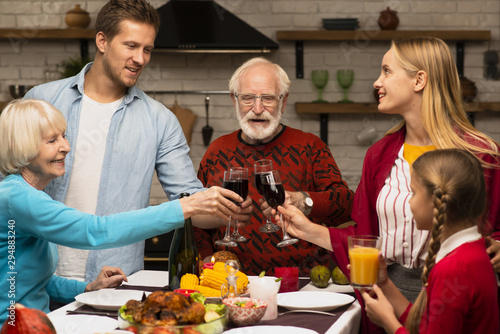 Family generations toasting glasses on thanksgiving day