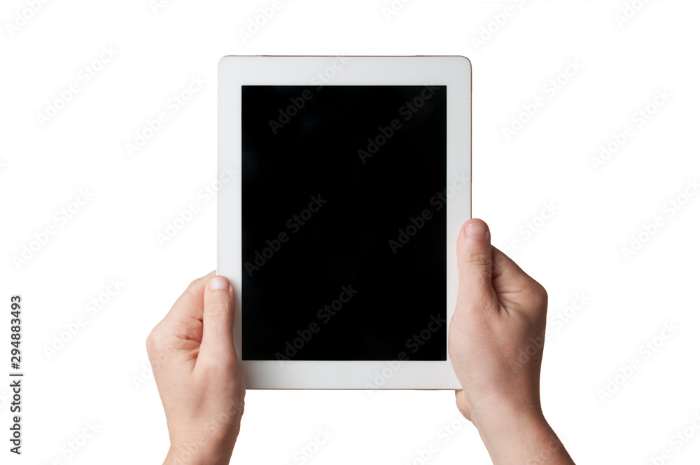 Caucasian man hold a white tablet with two hands on white background Caucasian man hold a white tablet with two hands on white background