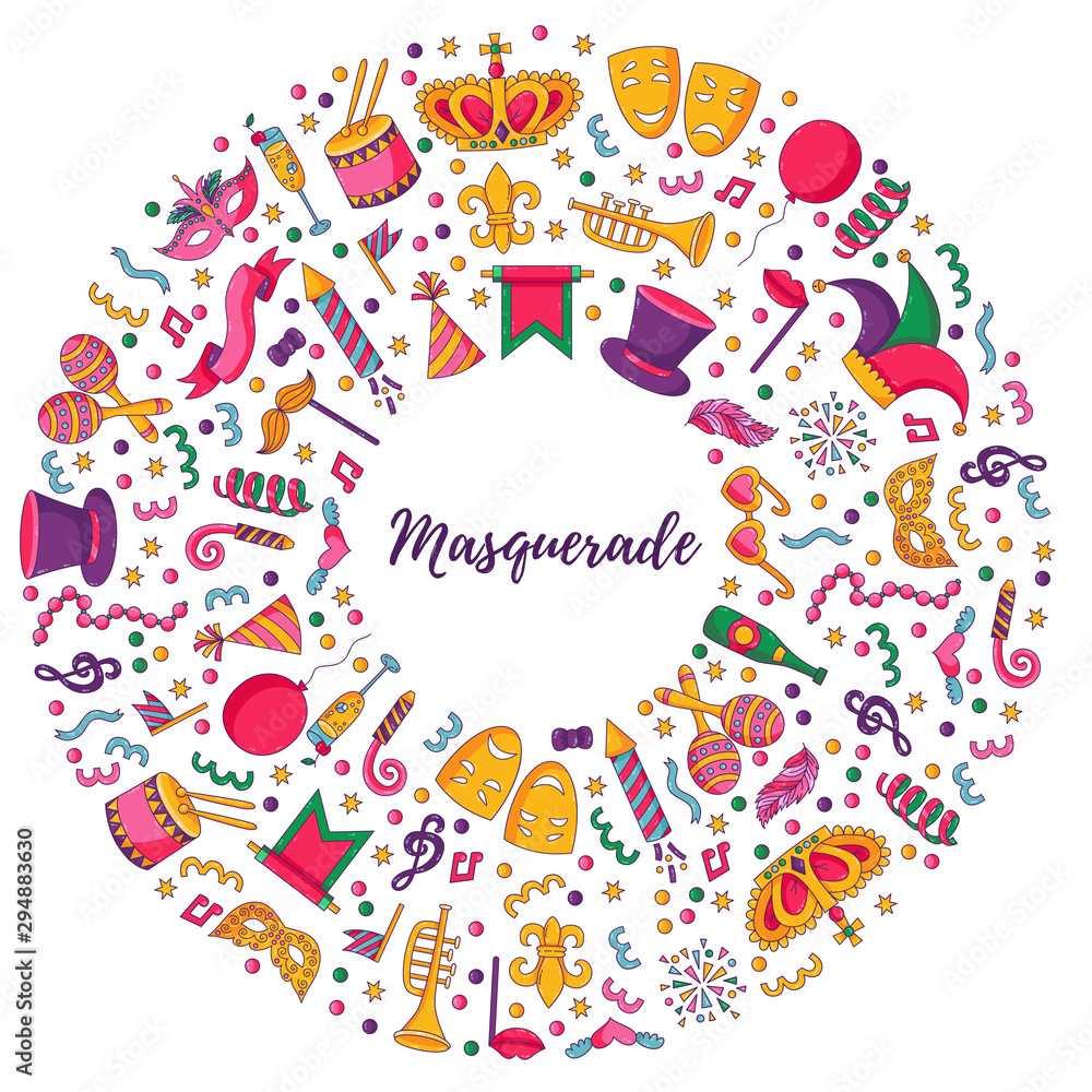 Masquerade festival carnival cartoon icons round frame design Masquerade festival carnival cartoon icons round frame design