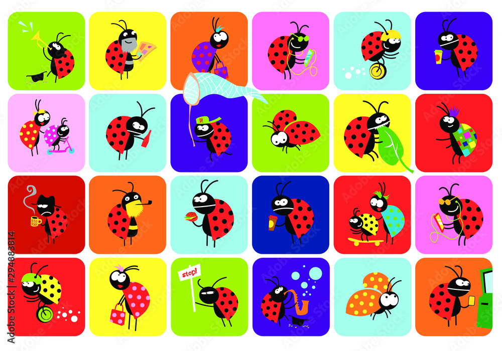 set of funny bugs. beetles in different scenes. vector drawing for Illustration.