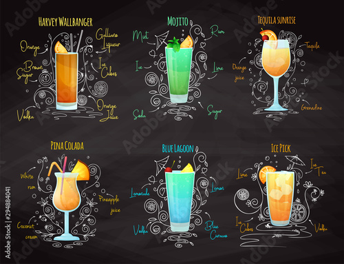 Recipes for different cocktails. Mojito, Pina Colada, Blue Lagoon and others. Vector