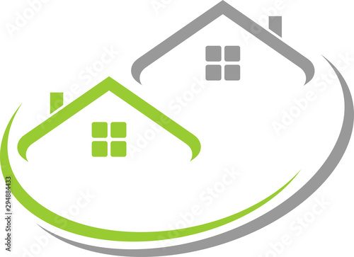 Zwei Häuser, Dächer, Immobilien und Dachdecker Logo