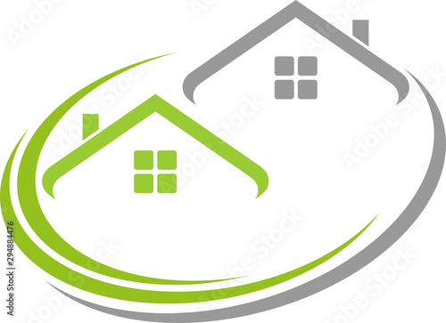 Zwei Häuser, Dächer, Immobilien und Dachdecker Logo