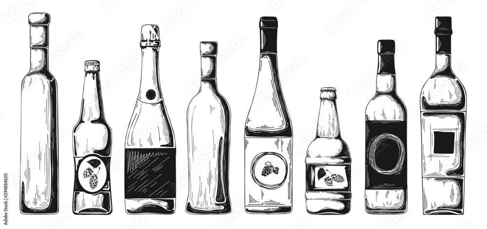Different bottles with alcohol. Illustration in sketch style. Different bottles with alcohol. Illustration in sketch style.