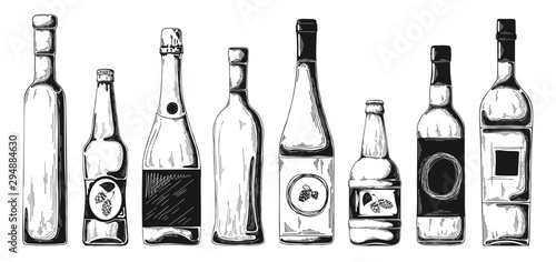 Different bottles with alcohol. Illustration in sketch style. photo