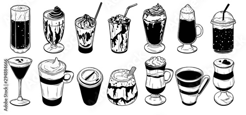 Set of different coffee cocktails isolated on white background. Vector