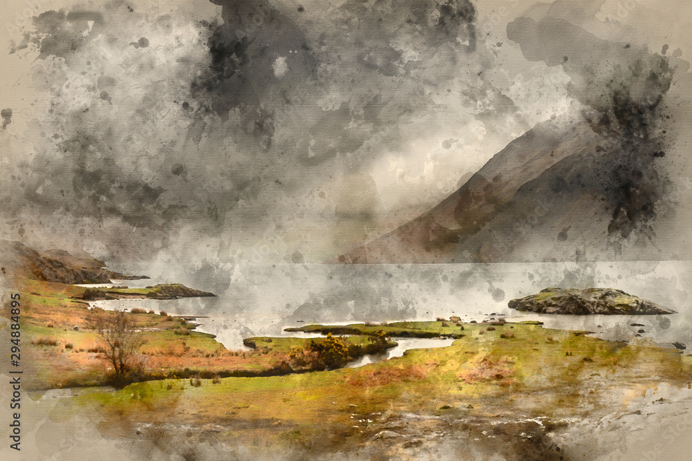 Digital watercolour painting of Stunning landscape image of Wast Water in UK Lake District during moody Spring evening
