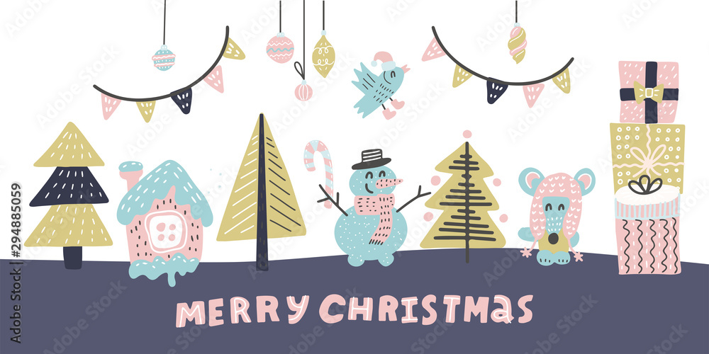 Couple of animals in the winter forest. A snowman and a mouse prepared gifts for a friend. Friends stand under a decorated Christmas tree. Vector new year doodle illustration. Couple of animals in the winter forest. A snowman and a mouse prepared gifts for a friend. Friends stand under a decorated Christmas tree. Vector new year doodle illustration.