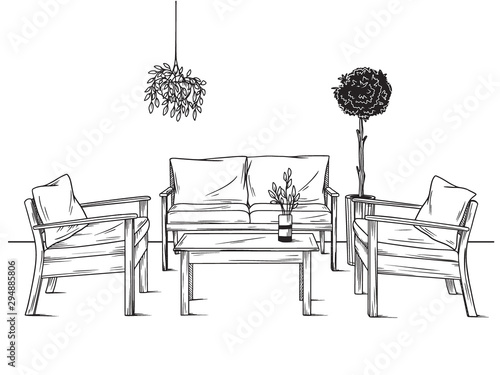 Set of furniture for the garden. Armchairs, sofa and table among the plants. Vector illustration