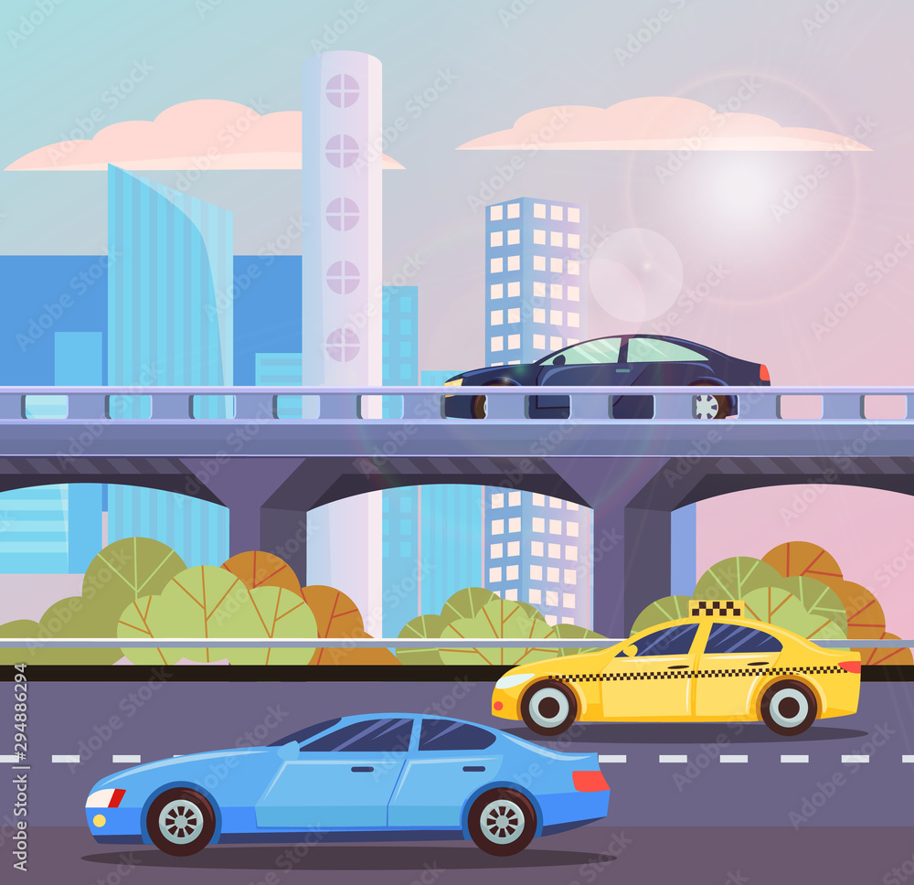 Automobiles going by road and autobahn in city. Skyscraper view, sunny shine, taxi and auto moving in downtown, high building and transport. Vector illustration in flat cartoon style