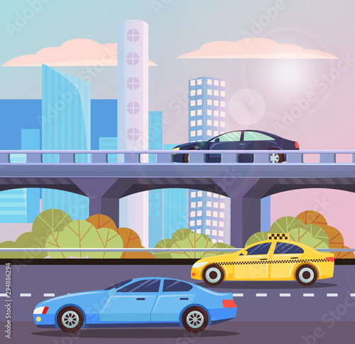 Automobiles going by road and autobahn in city. Skyscraper view, sunny shine, taxi and auto moving in downtown, high building and transport. Vector illustration in flat cartoon style