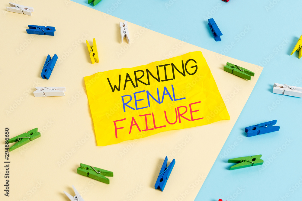 Handwriting text writing Warning Renal Failure. Conceptual photo stop Filtering Excess Waste Acute Kidney malfunction Colored clothespin paper empty reminder yellow blue floor background office Handwriting text writing Warning Renal Failure. Conceptual photo stop Filtering Excess Waste Acute Kidney malfunction Colored clothespin paper empty reminder yellow blue floor background office
