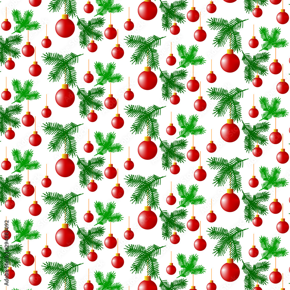 Red Christmas balls, green branch of a Christmas tree on a white background. Pattern. Vector graphics. Red Christmas balls, green branch of a Christmas tree on a white background. Pattern. Vector graphics.