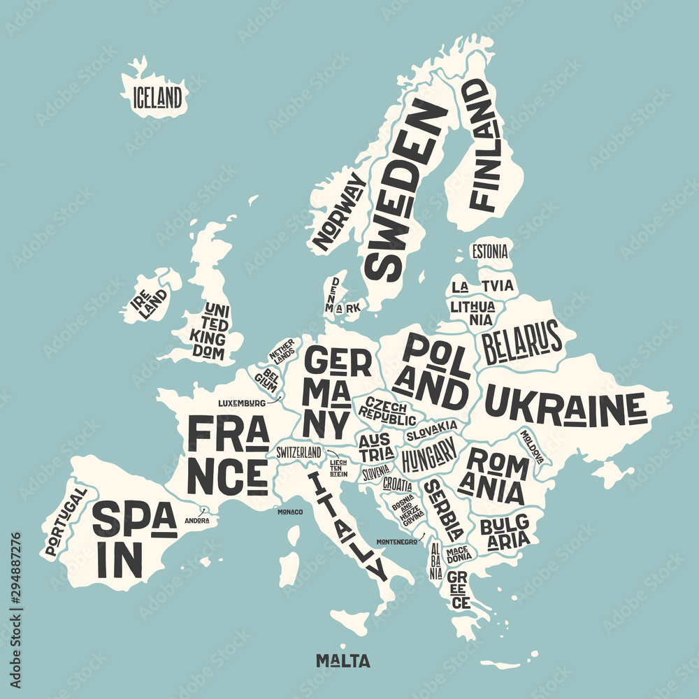 Vettoriale Stock Europe, map. Poster map of the Europe with country names |  Adobe Stock