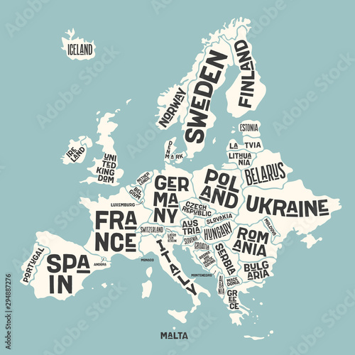 Europe, map. Poster map of the Europe with country names