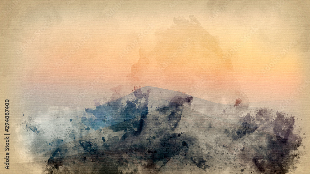 Digital watercolour painting of Stunning Winter sunrise landscape image of The Great Ridge in the Peak District