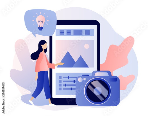Photography concept. Photography workshop, processing workshop, photo portfolio creation concept. Modern flat cartoon style. Vector illustration