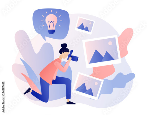 Photography concept. Photography workshop, processing workshop, photo portfolio creation concept. Modern flat cartoon style. Vector illustration
