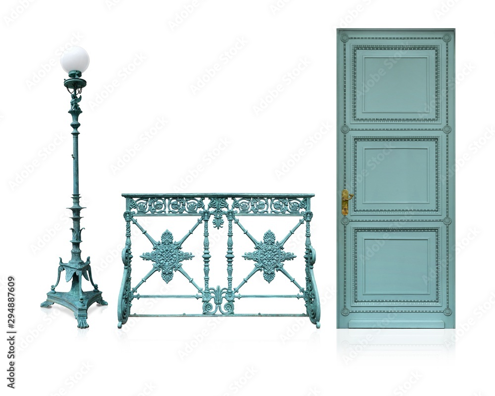 Forged metal fence, street lamp and exterior door isolated on white background Forged metal fence, street lamp and exterior door isolated on white background