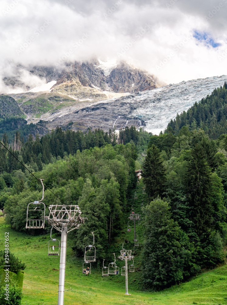 Cableway to the mountain glacier in summer, French Alps