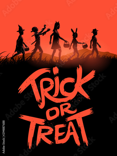 A group of children trick or treating on halloween with a trick or treat sign. Vector illustration. photo
