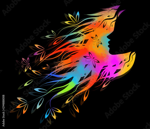 Beautiful multicolored girl's profile silhouette with flowers from her hair isolated - vector illustration
