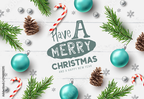 Merry christmas composition with christmas elements on a rustic wooden background. Vector illustration.