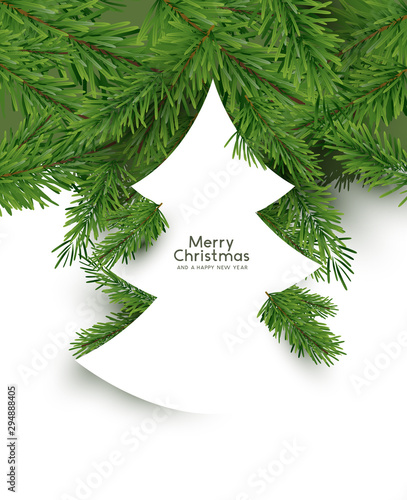 Christmas Tree concept. Flat arrangement of fir branches in the shape of a christmas tree. Vector illustration.