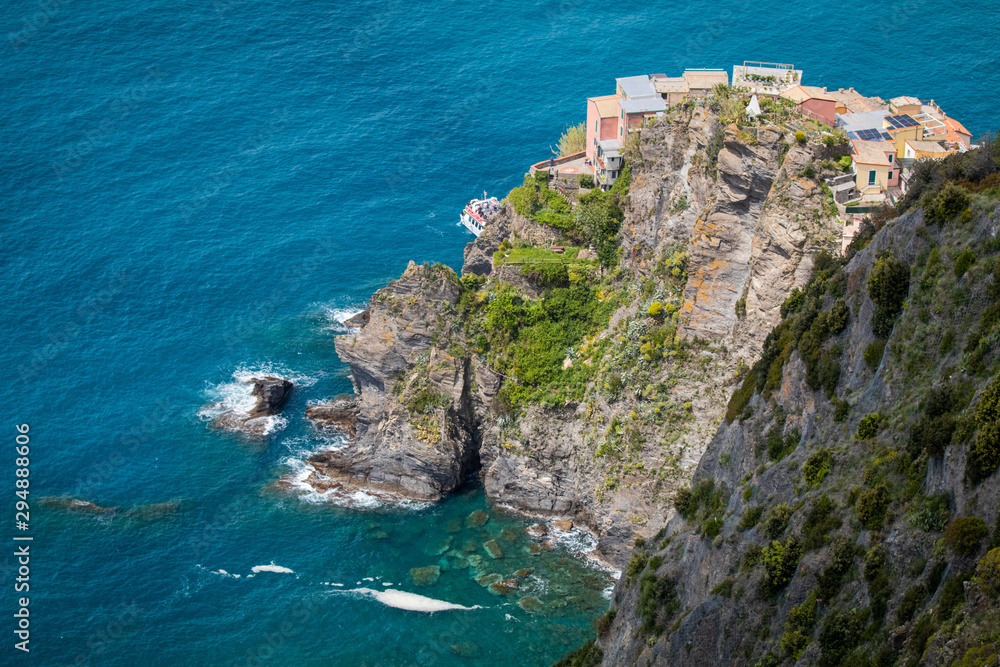 Aerial view of sea waves and fantastic Rocky coast, Cinque Terre, Italy