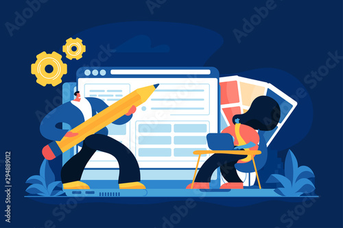 Programming and graphic design vector illustration. Website UI layout, creative UX development process, content management. Professional web designers with laptop and pencil cartoon characters