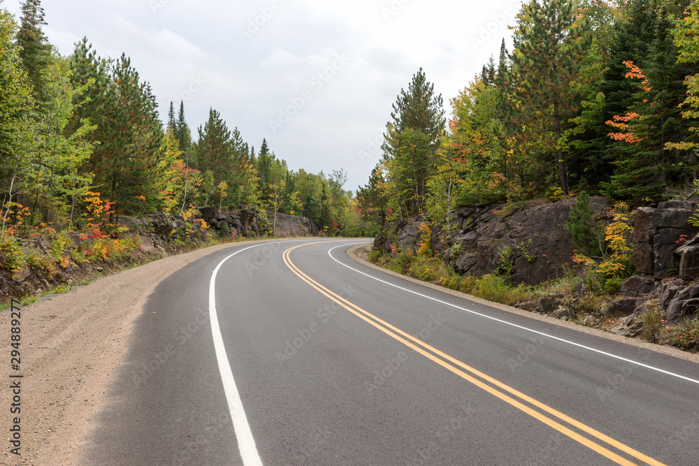 Empty street in the Mauricie National Park in Canada. Quebec