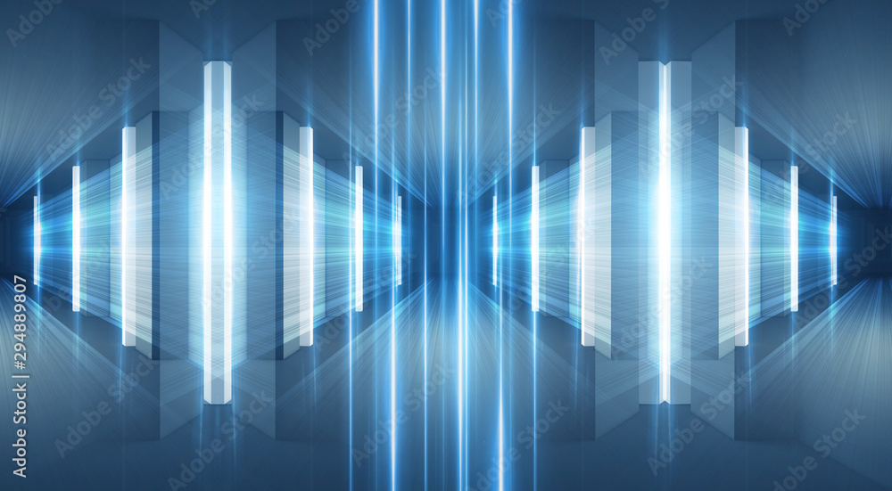 Abstract blue background with neon rays. Abstract light tunnel, corridor, portal. Rays of neon light in the dark, neon shapes, smoke. Symmetric reflection. 3D rendering. Abstract blue background with neon rays. Abstract light tunnel, corridor, portal. Rays of neon light in the dark, neon shapes, smoke. Symmetric reflection. 3D rendering.