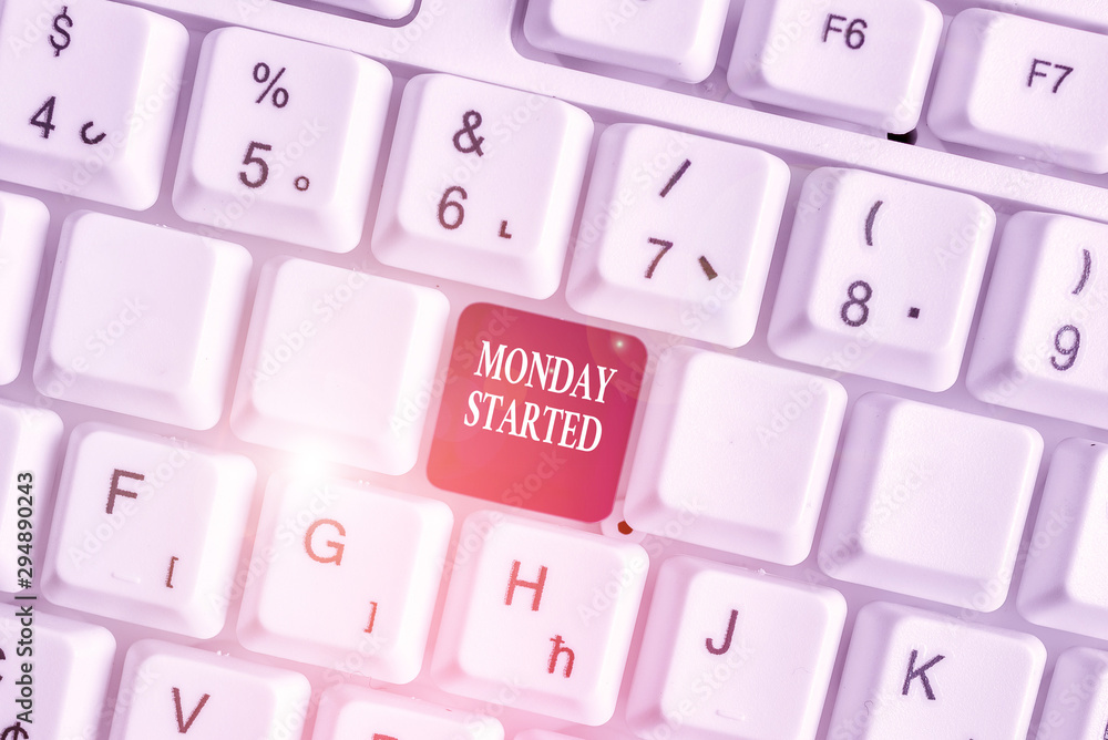 Text sign showing Monday Started. Business photo text getting ready for new week Rest is over lets begin work White pc keyboard with empty note paper above white background key copy space Text sign showing Monday Started. Business photo text getting ready for new week Rest is over lets begin work White pc keyboard with empty note paper above white background key copy space