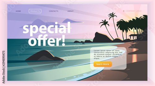 Vector landing page design template with beautiful flat sunset seacoast with palm tree landscape illustration. Special offer, vacation discount banner concept. For travel agency, touristic firm.