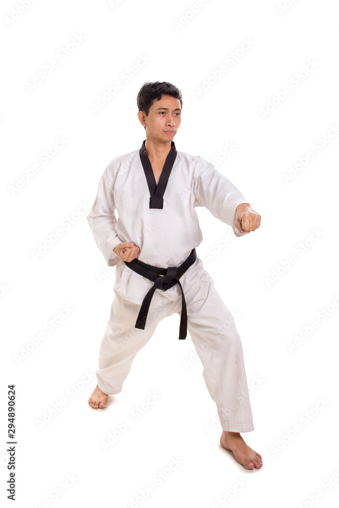 Male martial artist left punch strike, full length shot Male martial artist left punch strike, full length shot
