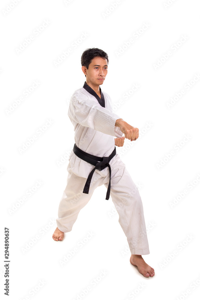 Male martial artist right straight punch, full length shot Male martial artist right straight punch, full length shot