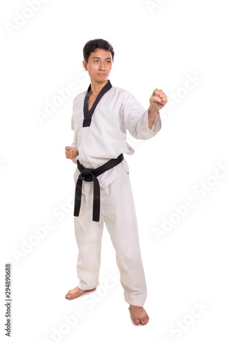 Fighting stance of martial art practitioner wearing kimono